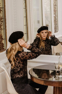 Top Louis  manches longues transparent dentelle de Calais Noire Christelle Vasseur Couture